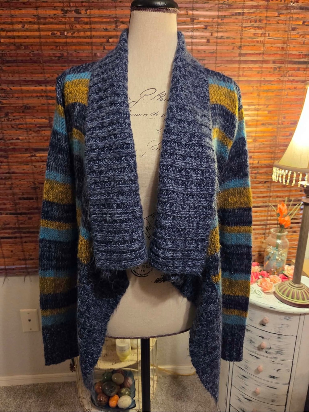 Ashley By 26 International Open-Front Striped Cardigan - Navy, Teal & Mustard